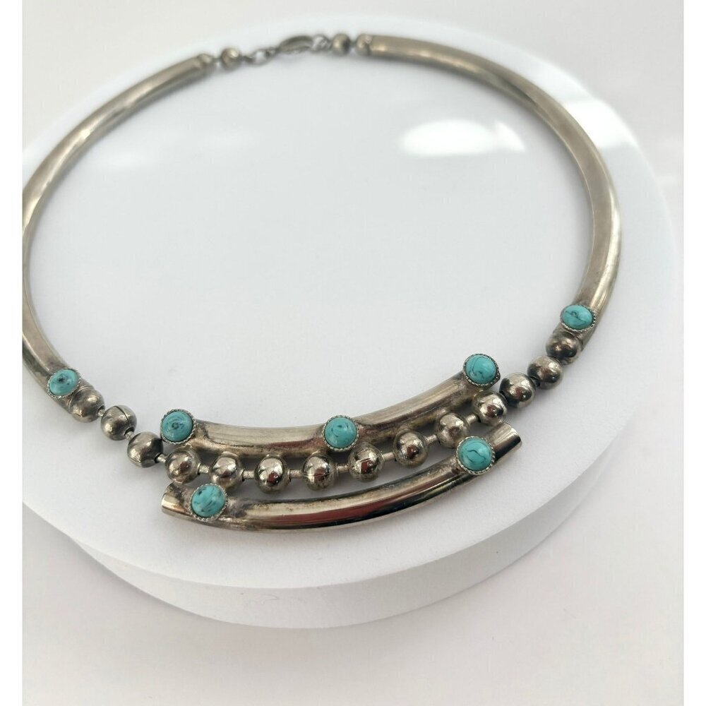 Vintage Pewter Silver Tone & Turquoise Colored Adorned Necklace